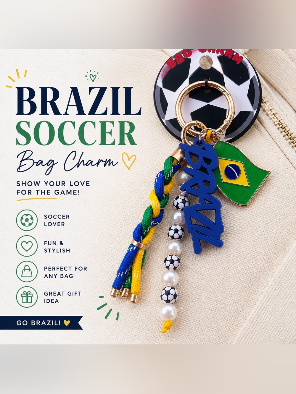 Brazil Soccer Bag Charm Keychain | Football Purse Charm Gold Tone
